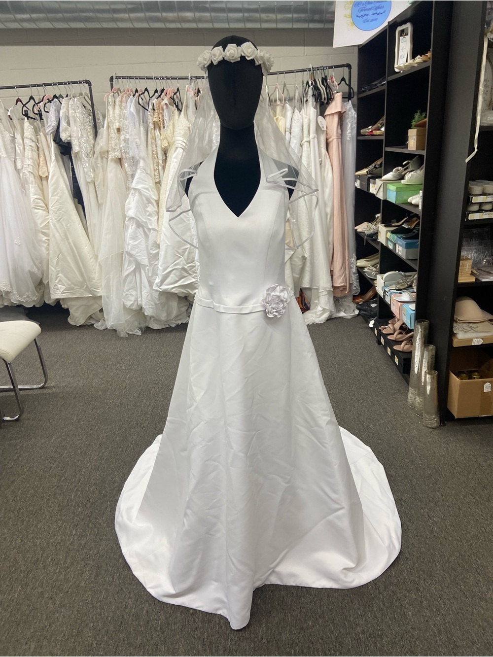 David’s Bridal White V-Neck A-Line Bridal Dress with Flower Detail